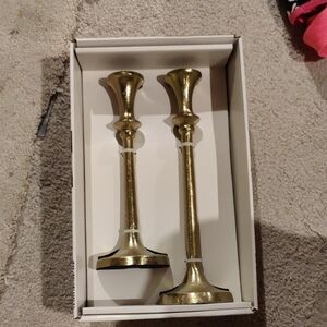 New! Golden-tone Taper Metal Candle Holder Pair - Elegant Home Decor Accents Y2K